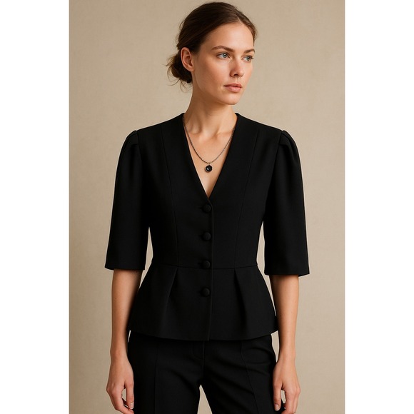 Vintage 80s 90s Ms Chaus Black Pleated Hem Blouse Jacket Size 12 Made in Korea - Picture 1 of 9